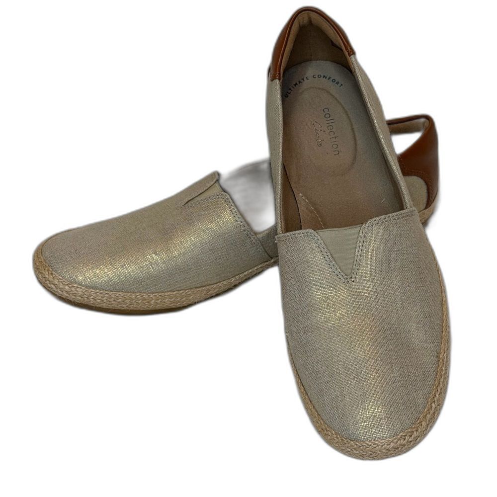 New Clarks Collection Danelly Slip-On Espadrille Flats Shoes Beige Gold Sz. 10